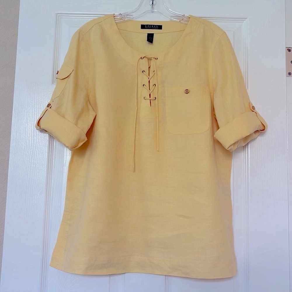 Ralph Lauren Yellow Tie Front 100% Linen Blouse- Size Large